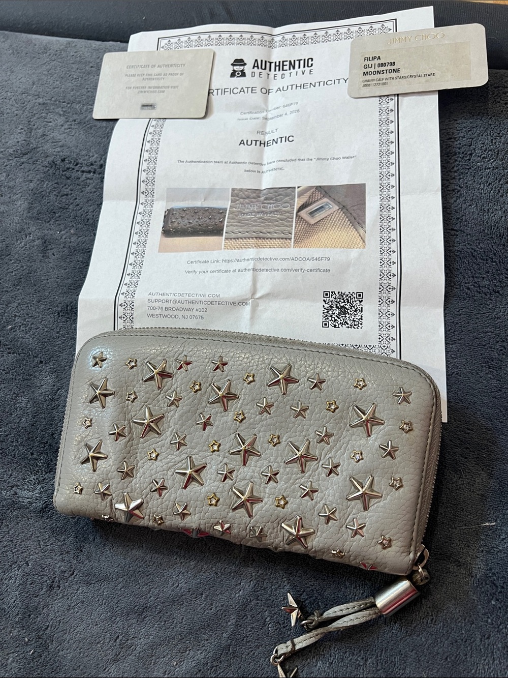 Jimmy Choo Silver-Gray Star Stud Zip Wallet